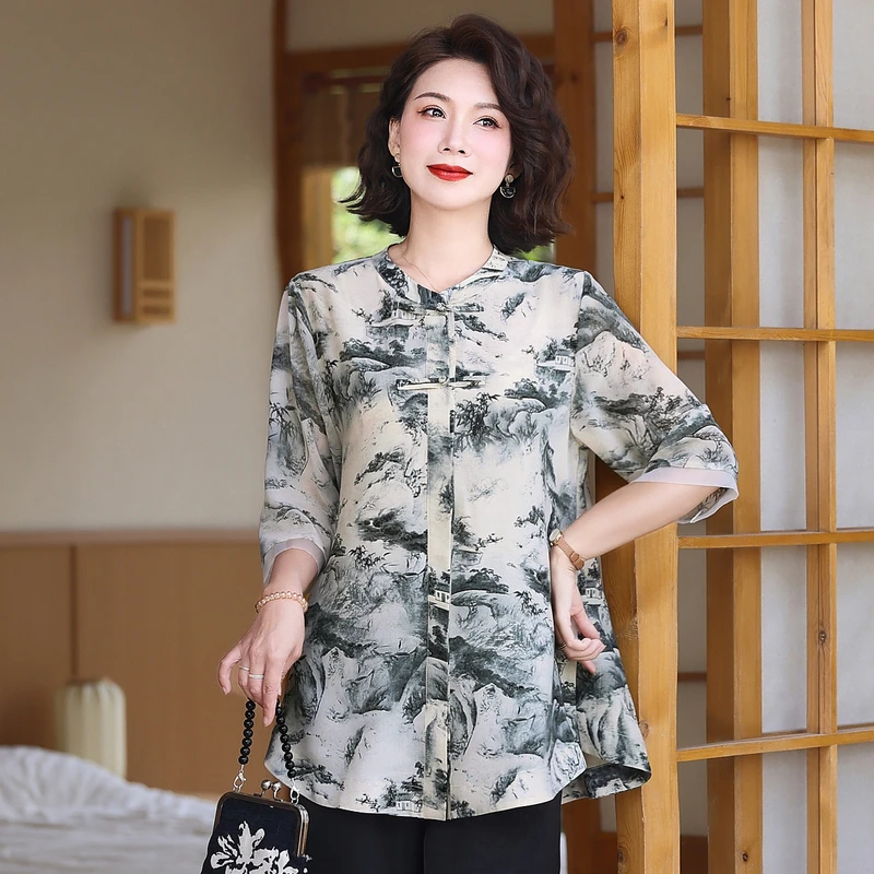 夏季外穿T恤防晒洋气短袖新款衬衫中老年高贵气质新中式高级上衣