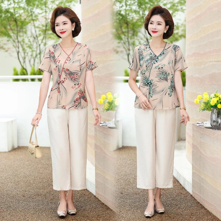 夏季套装妈妈装洋气小衫中老年女装气质宽松夏季花显瘦上衣