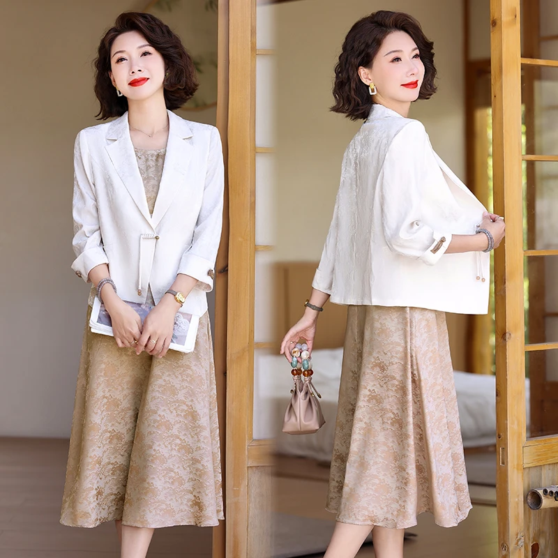 妈妈春夏七分西装薄款外套新中式两件套裙子中老年连衣裙套装洋气