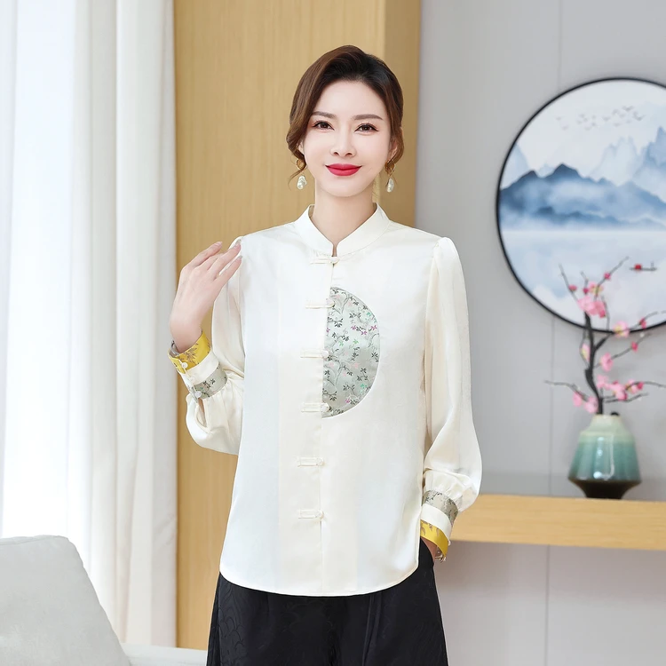 中式中国风刺绣夏季衬衣长衫上衣洋气民族风复古长袖新款盘扣衬衫