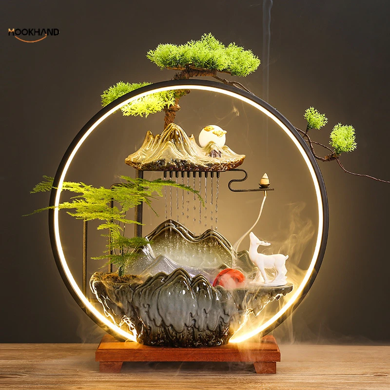 中式流水摆件家用循环水雨帘加湿器客厅乔迁新居办公室开业礼装饰