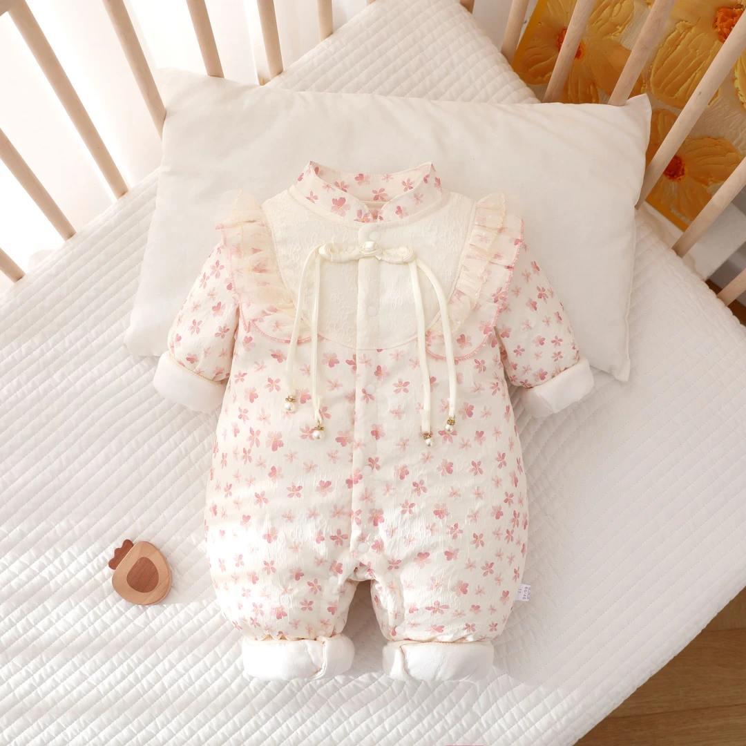 樱花旗袍120g克棉服婴新幼儿对开连体衣爬服秋冬粉色国风爬服哈衣