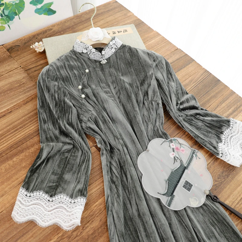 俏娘鱼2025年春季新款日常穿老上海复古风改良新中式灰色丝绒旗袍