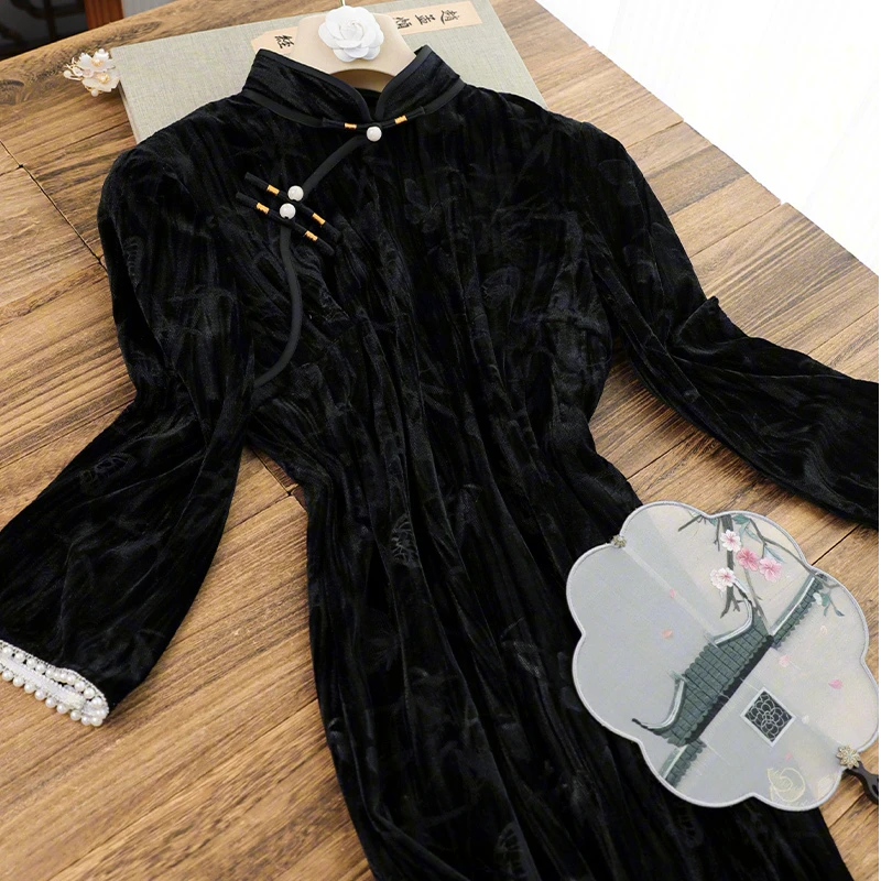 俏娘鱼2024年秋季复古民国风黑色长袖显瘦旗袍新款气质日常新中式