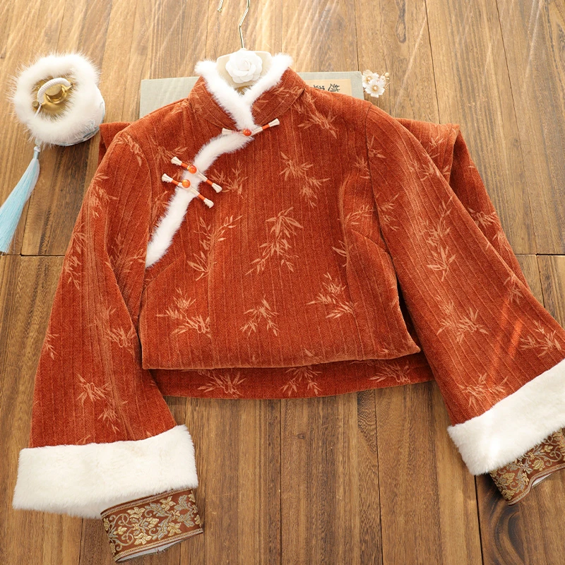 俏娘鱼2024年冬新款橘色淑女范保暖毛绒领旗袍倒大袖新中式日常穿