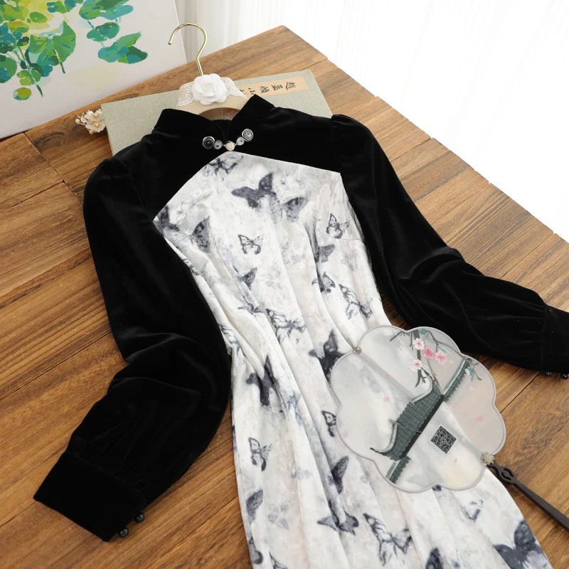 俏娘鱼新中式旗袍裙改良新款日常可穿复古民国风长袖丝绒拼接国风