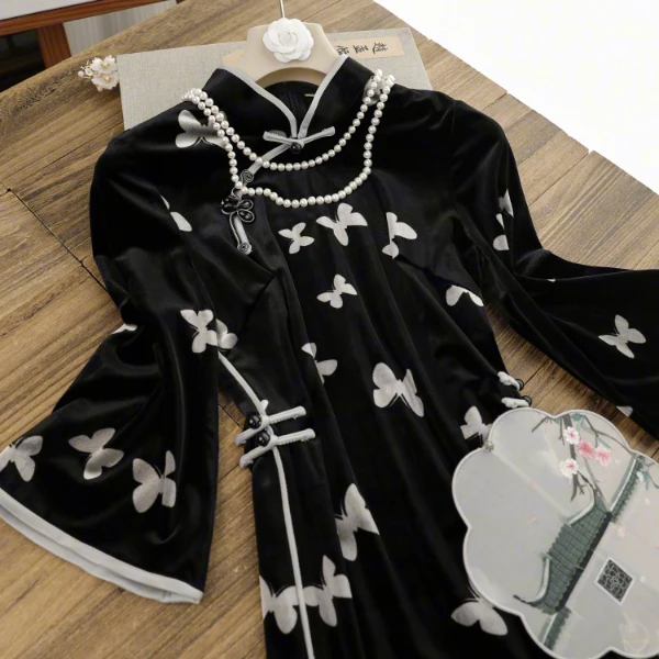 俏娘鱼2025年春季黑色复古民国风时尚气质旗袍新款改良新中式日常