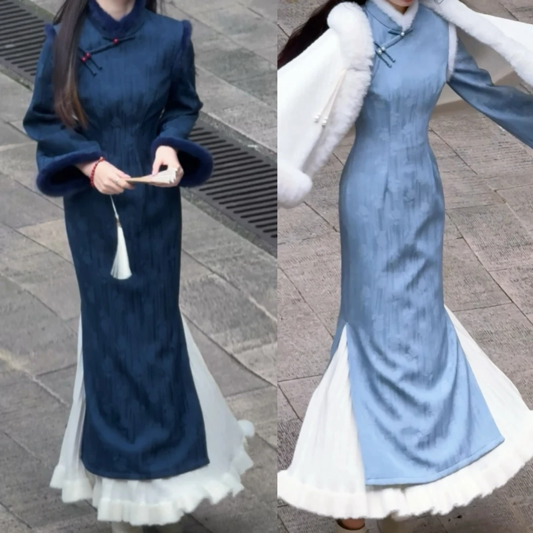 俏娘鱼藏蓝新中式加绒保暖倒大袖旗袍女2025冬新款毛绒领素雅淑女