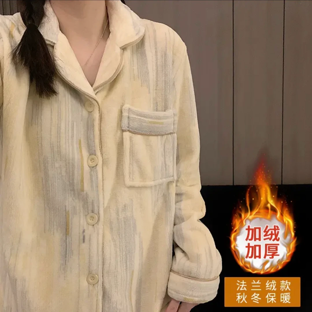 【油画条纹】ins秋冬韩版睡衣女加绒加厚法兰绒保暖情侣家居服套装