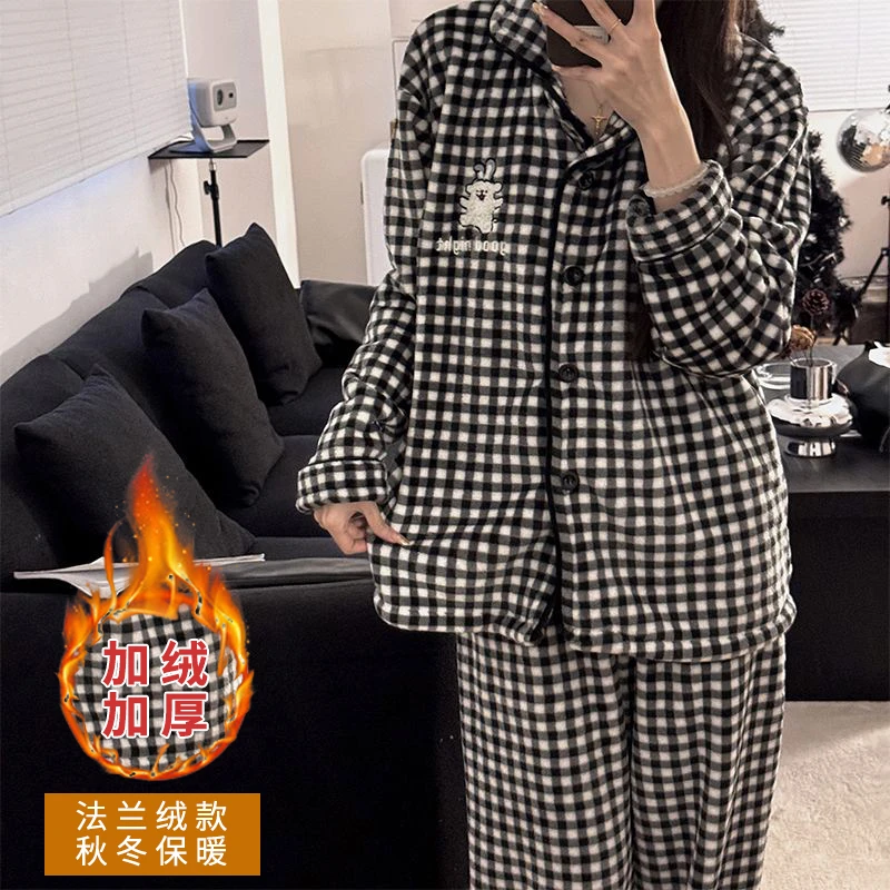 【黑格线条小狗】法兰绒加绒加厚睡衣女秋冬长袖长裤保暖家居服套装