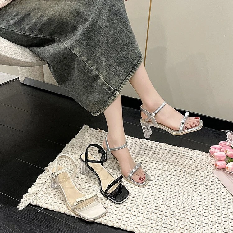 一字扣带透明粗跟凉鞋女2024夏季新款法式蝴蝶结小众配裙子5520
