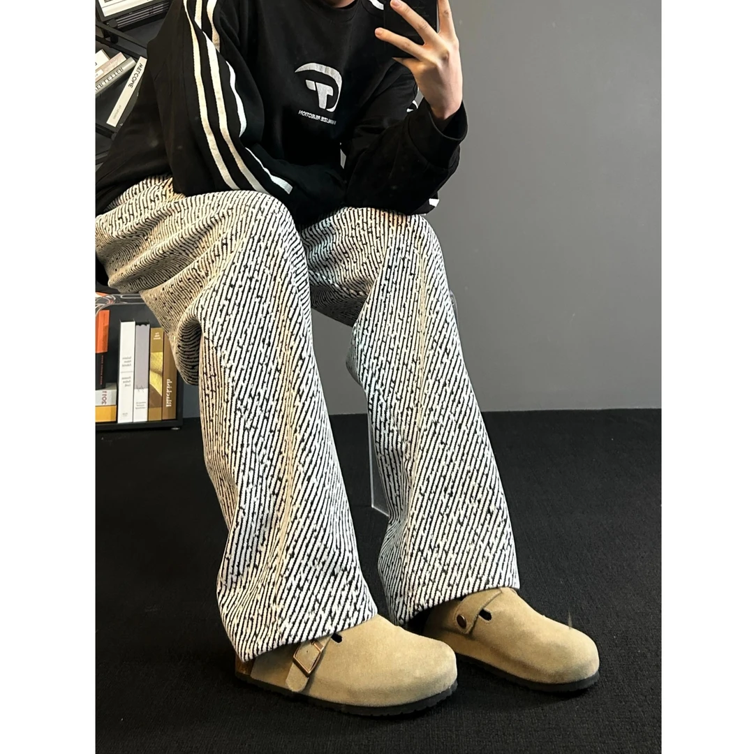 小香风粗花裤子男款秋冬美式复古毛呢条纹针织裤宽松直筒重磅卫裤