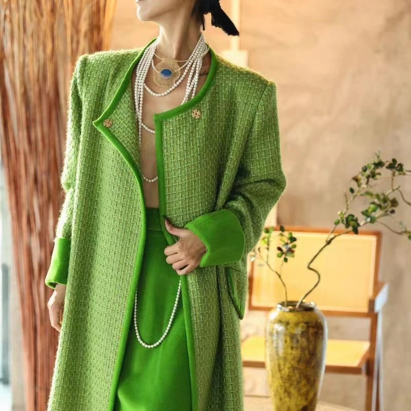 【李小姐LY】重工高定绿色女中长款秋冬小香风气质复古轻奢格纹大衣