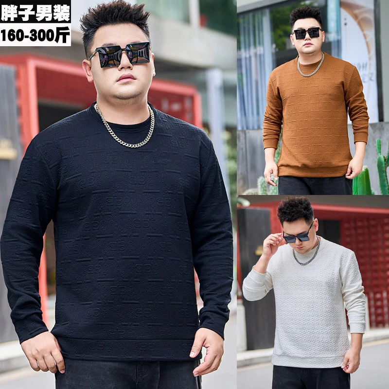 200斤男士加肥加大码宽松T恤上衣特大号胖人圆领卫衣厚款潮流青年