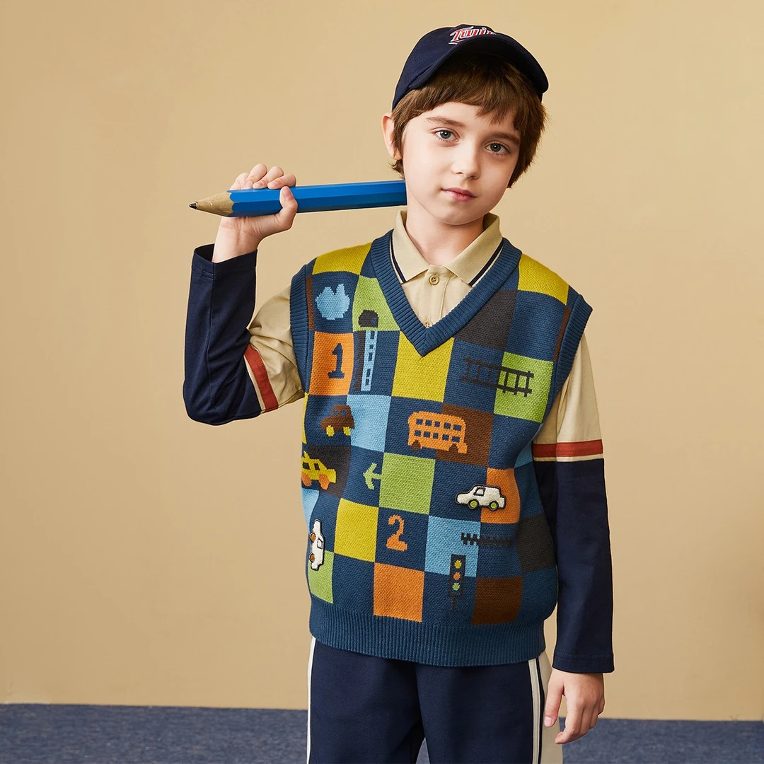 MQD童装V领毛衣马甲春季针织新款儿童宽松百卡通毛衫9231X0701