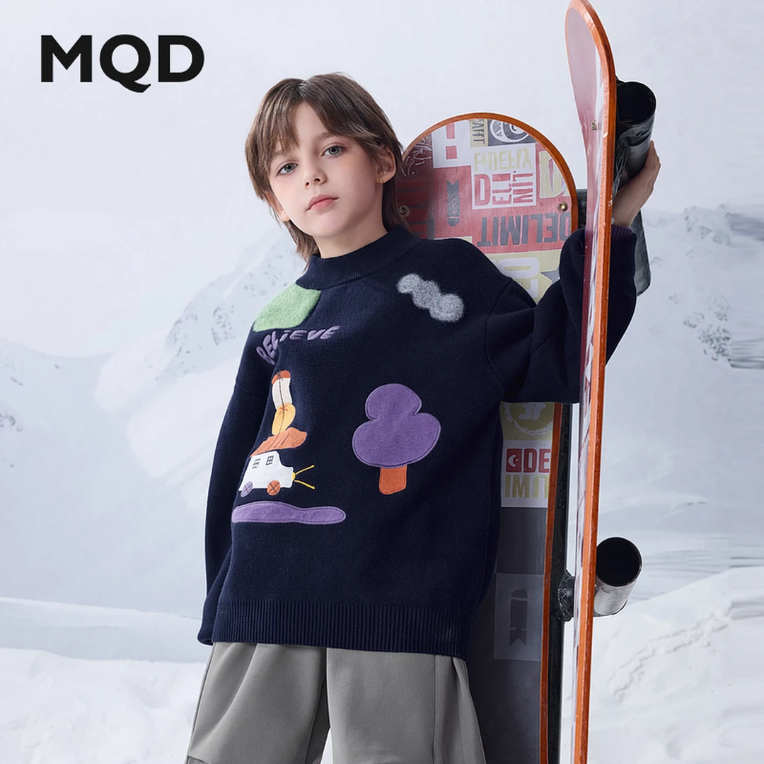 MQD童装冬季新品学院风潮酷休闲卡通保暖半高领毛衣9644W0712