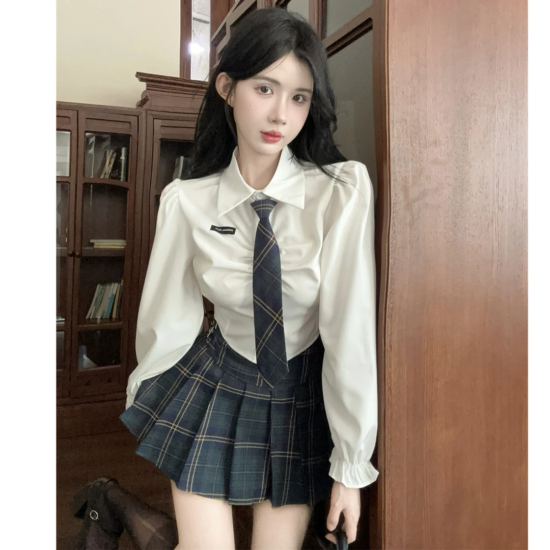 秋季学院风JK制服套装百搭甜美长袖收腰衬衫高腰显瘦格子百褶短裙