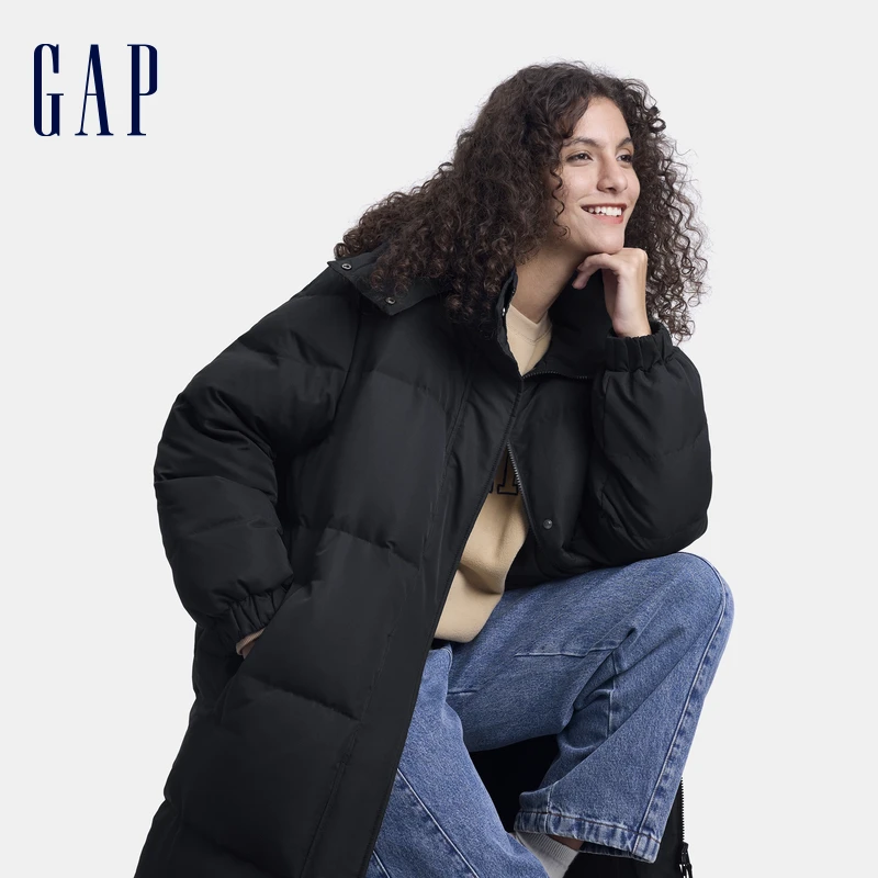Gap女装秋冬新款立领连帽长款羽绒服纯色简约保暖外套680505
