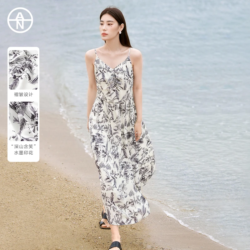 AN大码女装【深山含笑】水墨印花吊带连衣裙春季胖mm显瘦无袖裙子