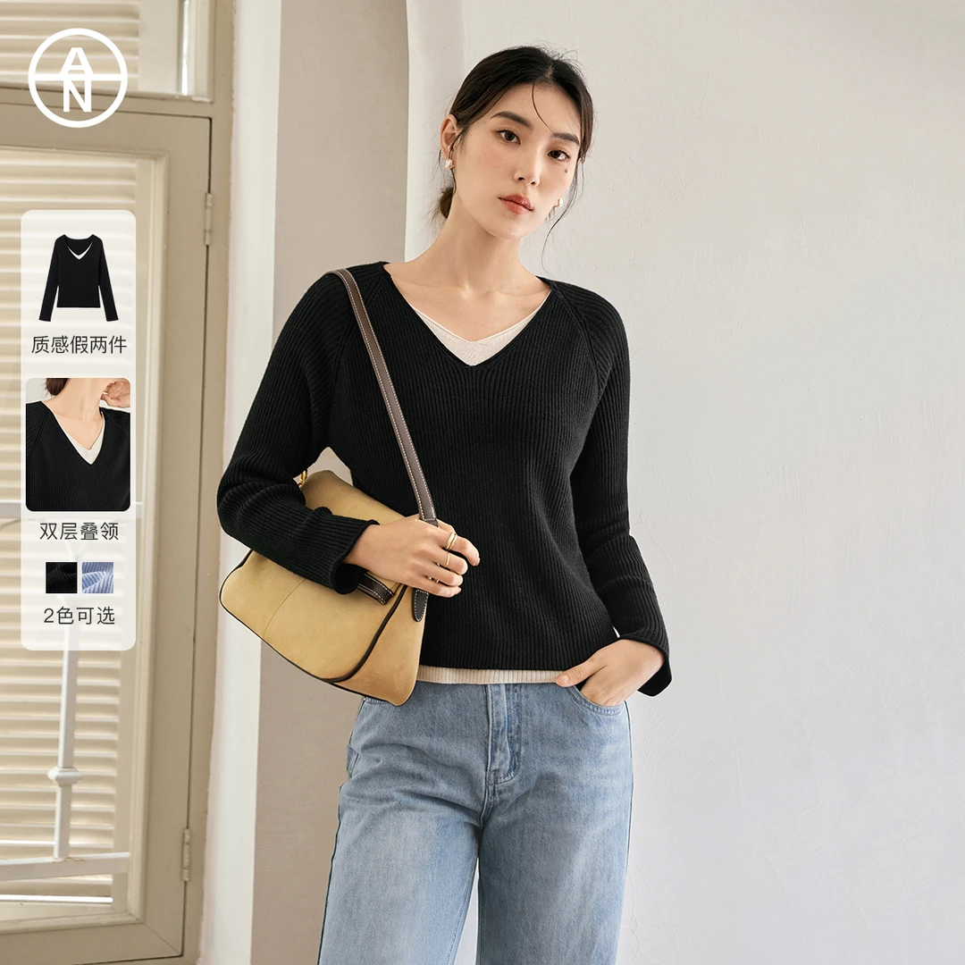 【AN】大码女装V领拼接假两件慵懒毛衣秋胖mm显瘦针织衫上衣EOE010