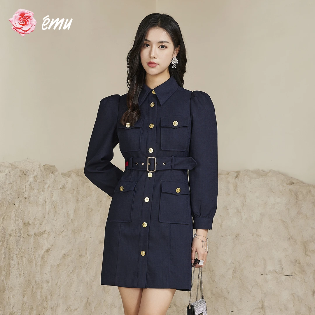 依妙春秋复古时尚西装裙长袖翻领金属纽扣收腰612250258