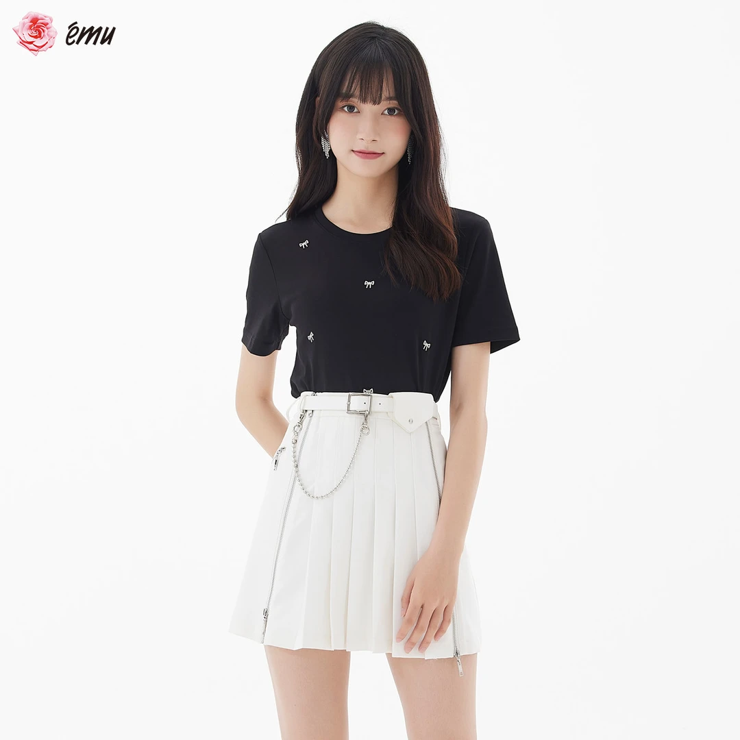 emu/依妙夏季时尚休闲通勤简约百搭甜美钻石蝴蝶结圆领短袖套装