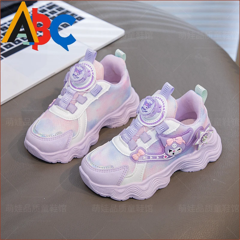 库洛米女童鞋子网面透气运动鞋春秋2024潮款旋转扣女孩软底跑步鞋