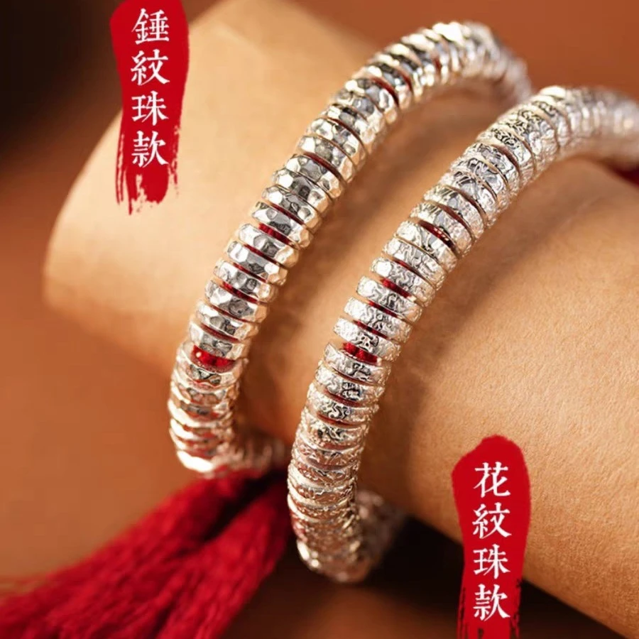 足银布艺手链 大红盘缠招财纳福钱串子钱多多锤纹编织手绳可调节