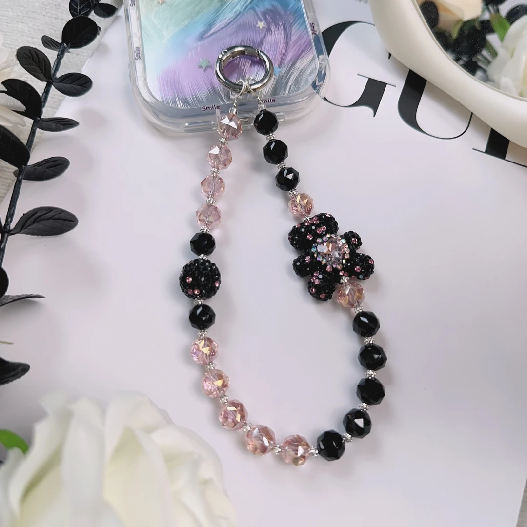 【粉黑点钻熊】手工女ins风通用防丢手提防摔手机链钥匙扣挂件短款