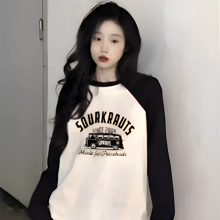 女大童纯棉拼接长袖t恤春秋季初中学生宽松休闲圆领上衣打底童装