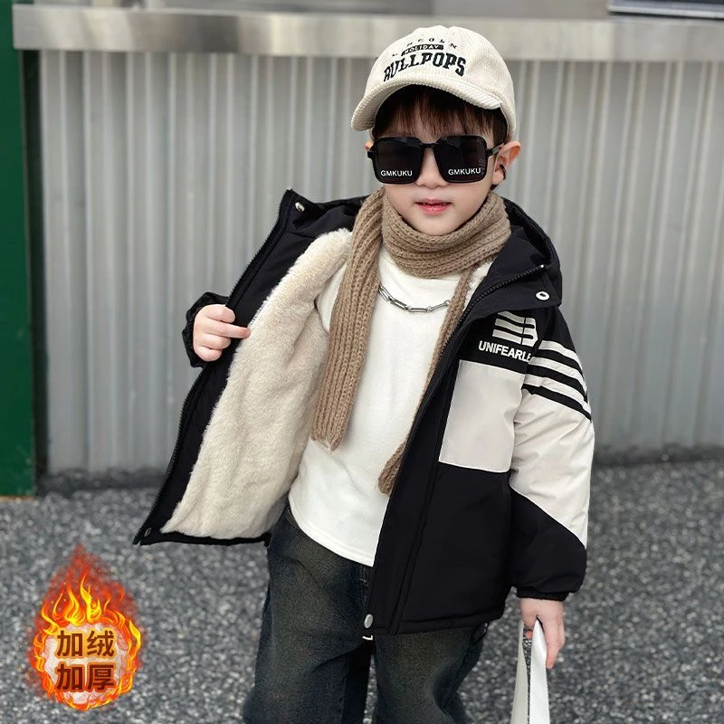 男童冬装棉衣外套2023新款儿童冬季加厚棉服男孩洋气连帽加绒棉袄