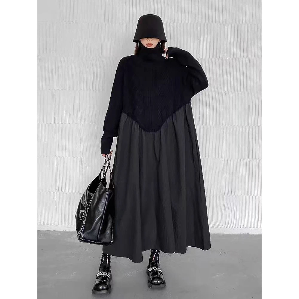 2024年新款秋季气质女神高级打底长袖针织拼接褶皱长裙连衣裙