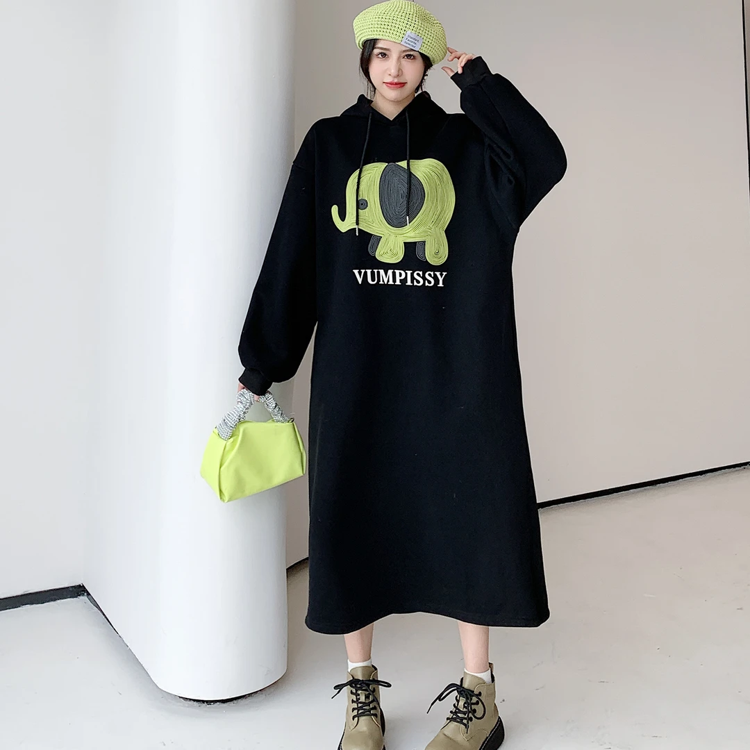 2025冬新款/宽松休闲柠檬小象印花长款黑色时尚连帽卫衣连衣裙女