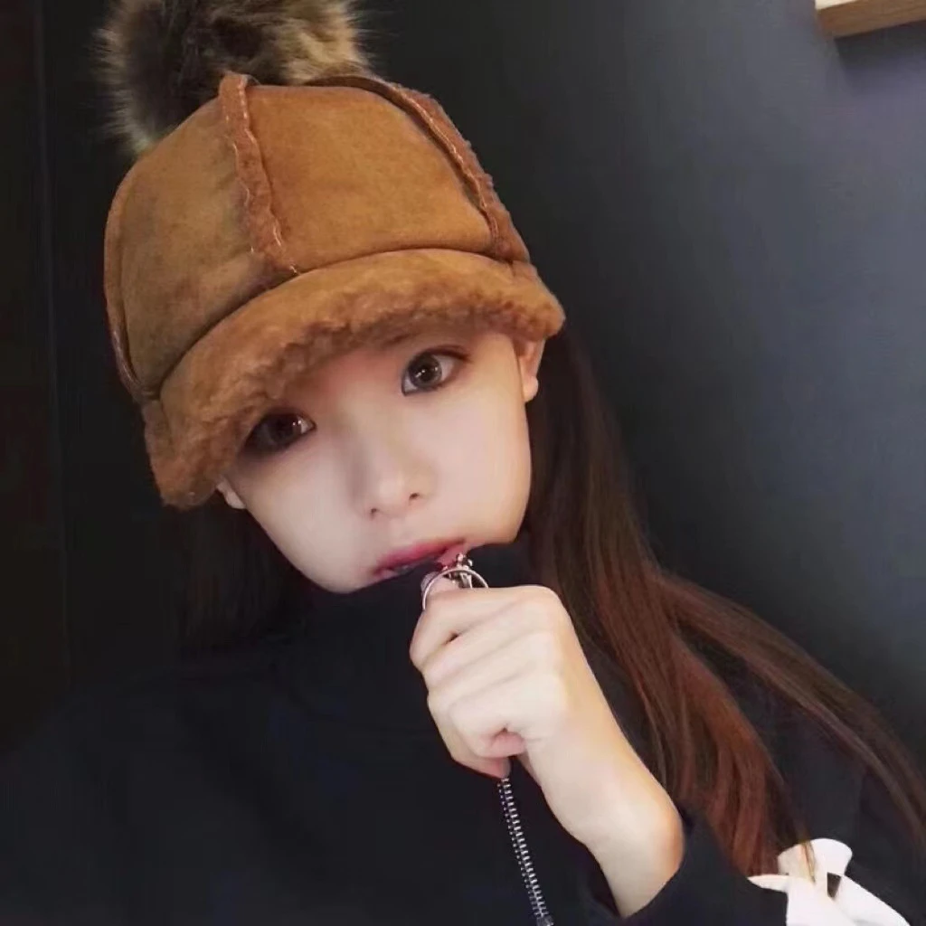 跨境帽子亲子鸭舌帽秋冬加绒加厚纯色毛球棒球帽羊羔绒百搭针织