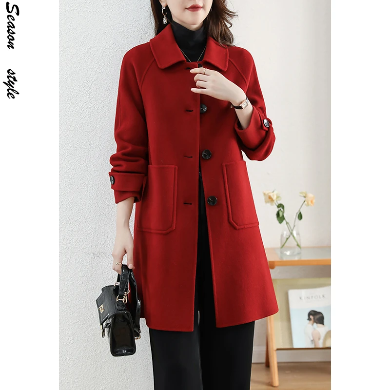 娃娃领复古红色双面羊毛新款秋冬显瘦毛呢子大衣外套女小个子2226