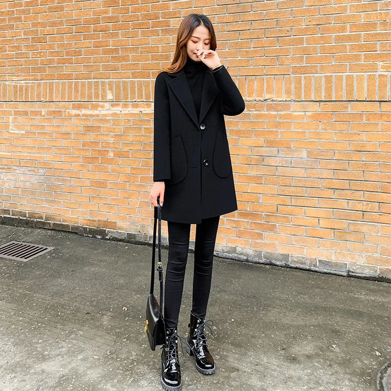 赫本黑气质双面呢大衣小个子显瘦短款翻领秋冬季毛呢外套7002