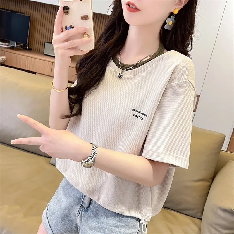 2024夏季新款小个子华夫格短袖女装假两件T恤小众短款上衣打底衫