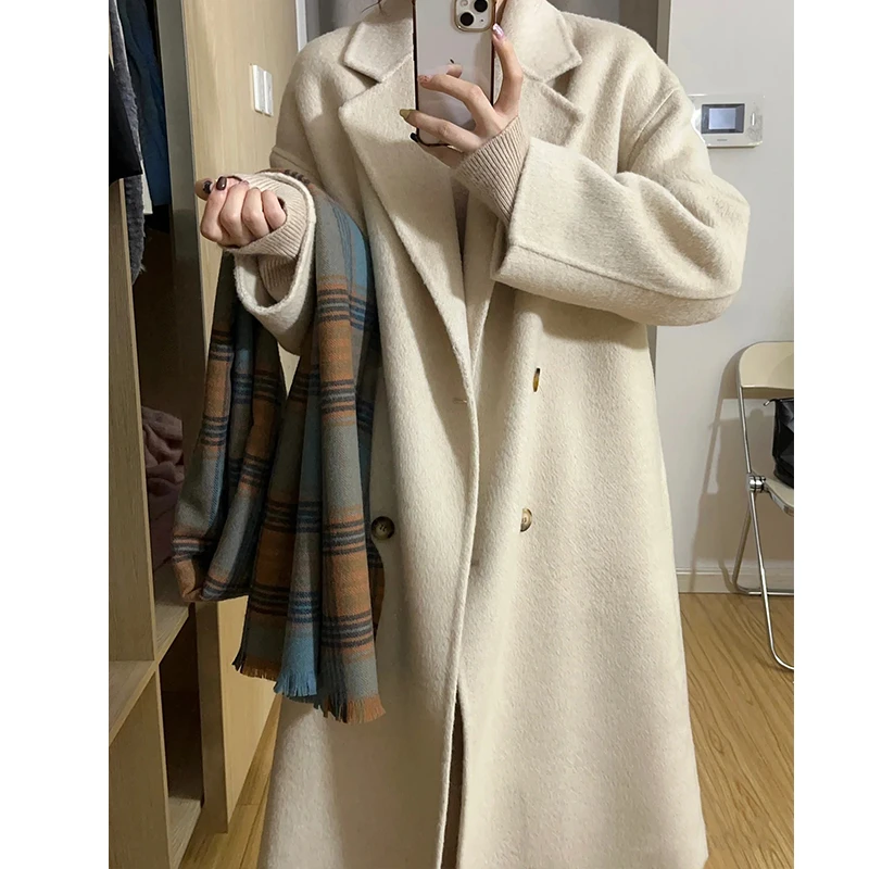长款毛呢大衣加厚外套女2023新款秋冬韩系学生过膝大衣双排慵懒风
