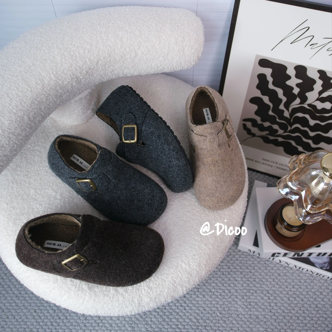 【Dicoo】东大门|3cm韩系氛围感毛呢勃肯鞋内增高毛毛鞋加绒森系软