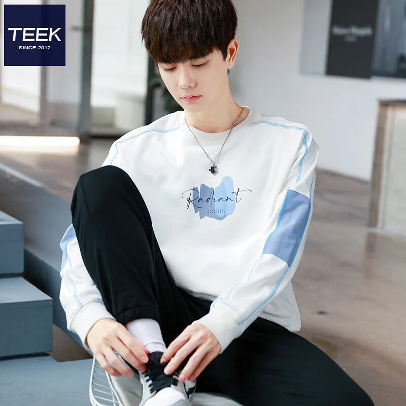 TEEK时尚印花男圆领卫衣秋装 青年纯棉上衣2025春季宽松拼色套头