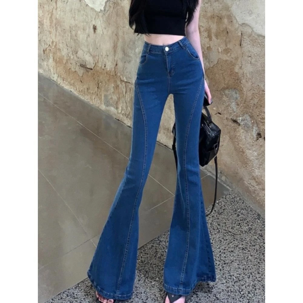 春秋高腰显瘦大喇叭裤女秋季新款加绒裤子显高拖地微喇牛仔裤