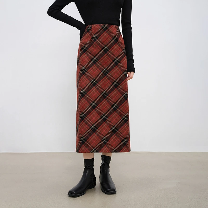 自巧小个子女装复古红色格纹直筒半身裙高腰显瘦中长裙 24ZQ94351