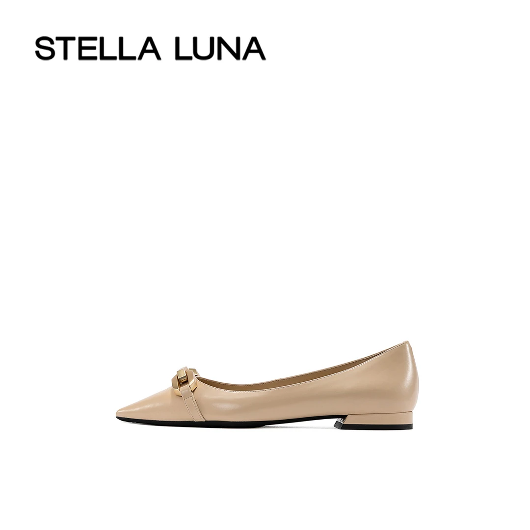 STELLA LUNA女鞋春夏新款单鞋时尚尖头牛皮浅口黑色一脚蹬平底鞋