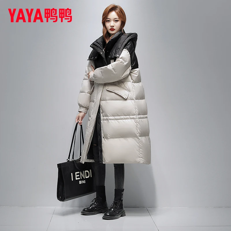 YAYA/鸭鸭长款羽绒服女2025年新款长过膝撞色加厚冬连帽气质外套