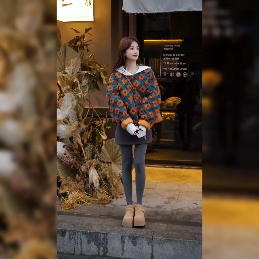 时尚潮流精致女孩穿搭冬季新款圆领立体花朵设计加棉保暖短款外套