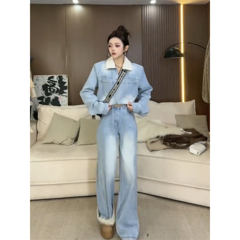 韩版时髦牛仔套装2024秋冬款加绒加厚翻领外套高腰阔腿长裤两件套