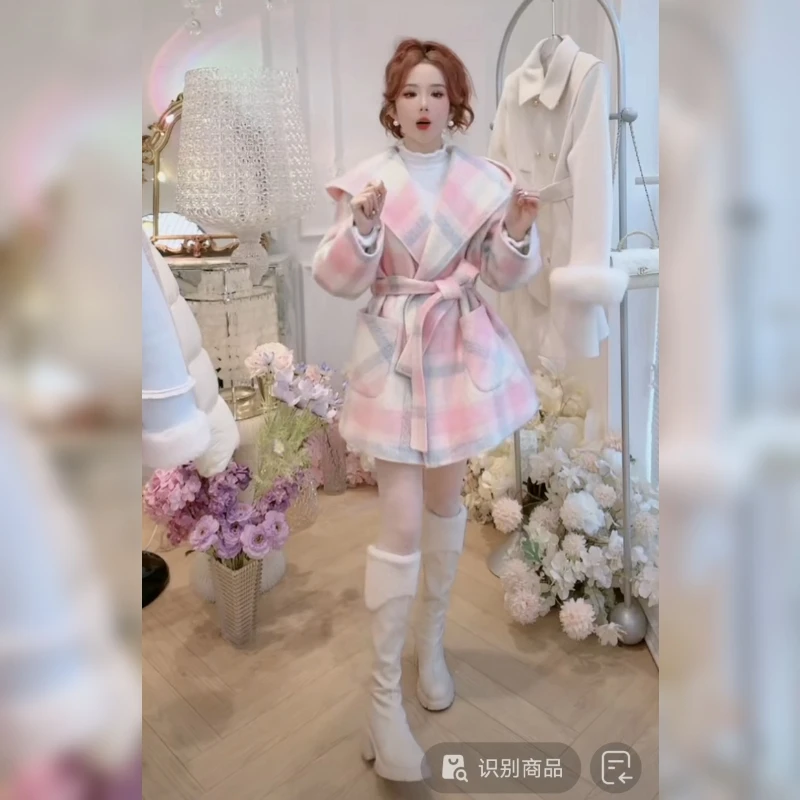 甜美减龄法式格子大衣冬季新款设计感宽松连帽绑带显瘦毛呢外套女