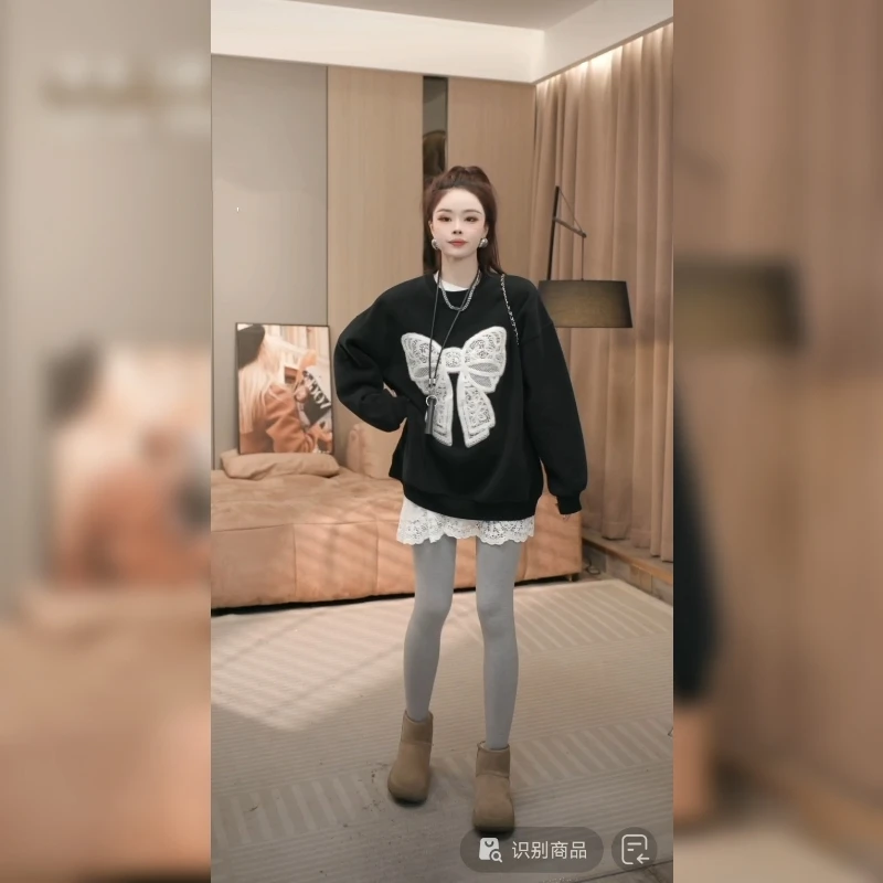 甜美风时尚减龄设计感宽松上衣秋冬新款蕾丝蝴蝶结加绒圆领卫衣女