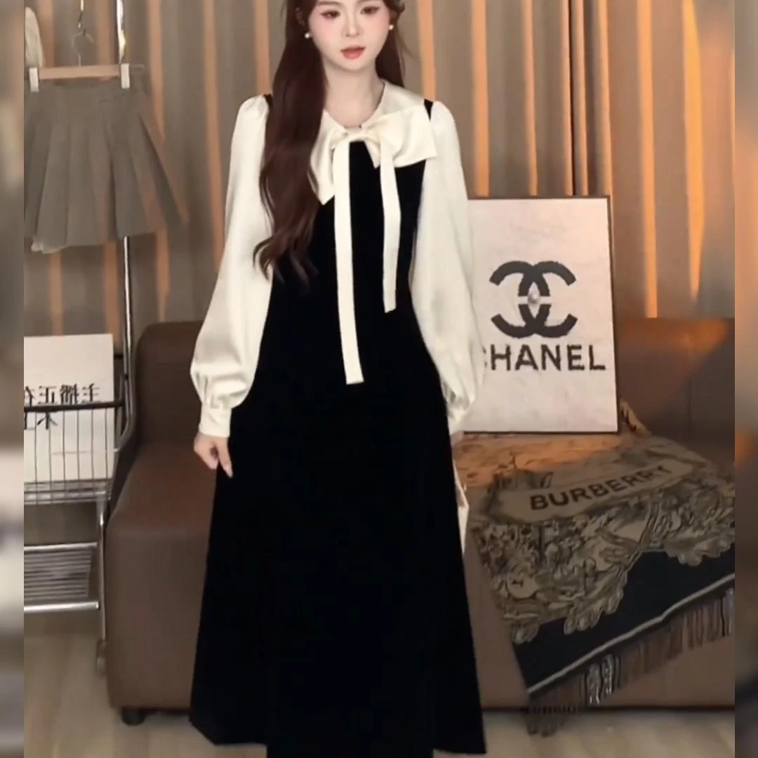 甜美减龄千金风小黑裙秋季新款洋气蝴蝶结领拼色收腰长短款连衣裙