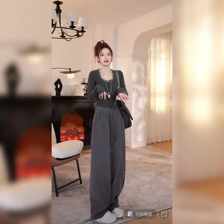 时尚洋气蕾丝拼接修身显瘦打底针织开衫+加厚毛呢阔腿裤秋冬套装